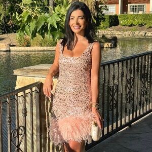 Nadine Merabi Pink Sequin dress with feathers